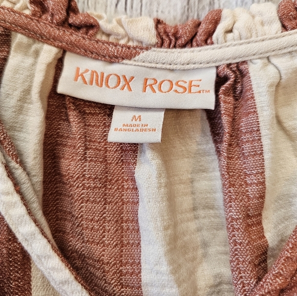 Knox Rose Size Medium Striped Puff Half Sleeve Boho Blouse Red Cream Cotton - Picture 3 of 6